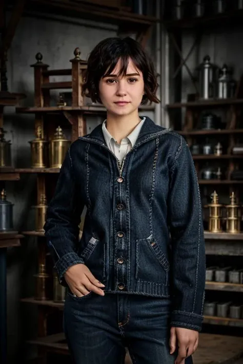 K1873W in a hardware shop, drills, mechanical, jumper, jeans <lora:KW3:1> masterpiece, best quality, detailed face , 1girl, realistic, solo,k1873w, short_hair, black_hair