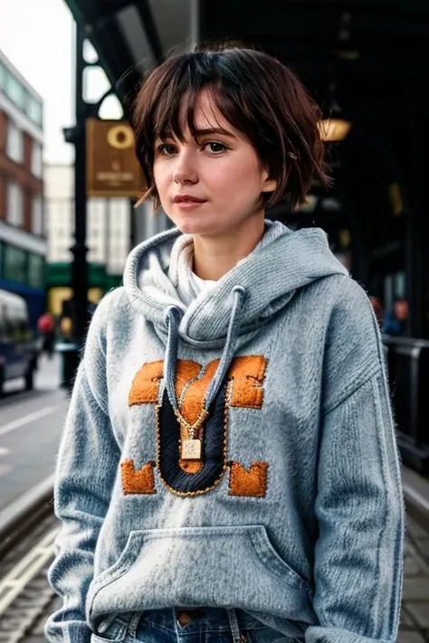 K1873W in london baby, jumper, jeans <lora:KW3:1> masterpiece, best quality, detailed face , 1girl, realistic, solo,k1873w, short_hair, black_hair