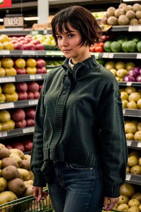 K1873W in a supermarket, in the fresh vegetable section, looking at potatoes, jumper, jeans <lora:KW3:1> masterpiece, best quality, detailed face , 1girl, realistic, solo,k1873w, short_hair, black_hair