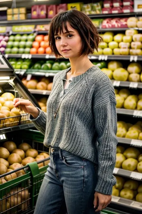 K1873W in a supermarket, in the fresh vegetable section, looking at potatoes, jumper, jeans <lora:KW3:1> masterpiece, best quality, detailed face , 1girl, realistic, solo,k1873w, short_hair, black_hair