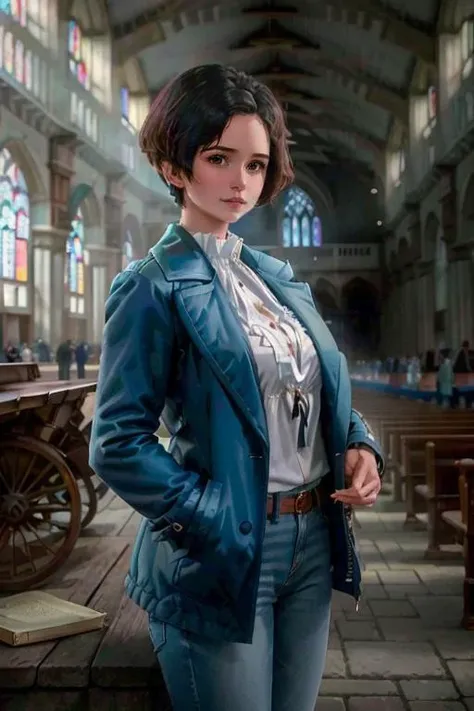 K1873W with a blue jacket, white blouse, jeans posing for a picture , large cathedral <lora:KW3:1> masterpiece, best quality, detailed face  , 1girl, realistic, solo, a mature k1873w, short_hair, black_hair