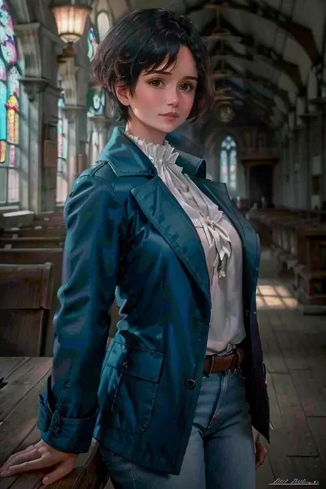 K1873W with a blue jacket, white blouse, jeans posing for a picture , large cathedral <lora:KW3:1> masterpiece, best quality, detailed face , 1girl, realistic, solo, a mature k1873w, short_hair, black_hair