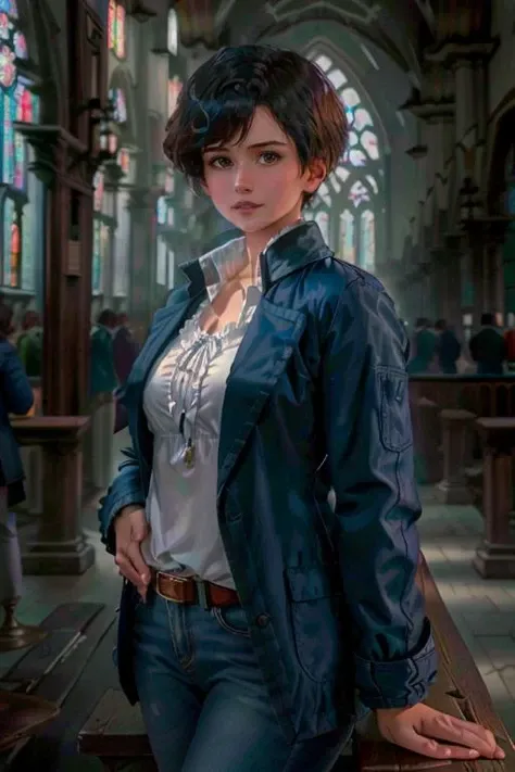 K1873W with a blue jacket, white blouse, jeans posing for a picture , large cathedral <lora:KW3:1> masterpiece, best quality, detailed face , 1girl, realistic, solo, a mature k1873w, short_hair, black_hair