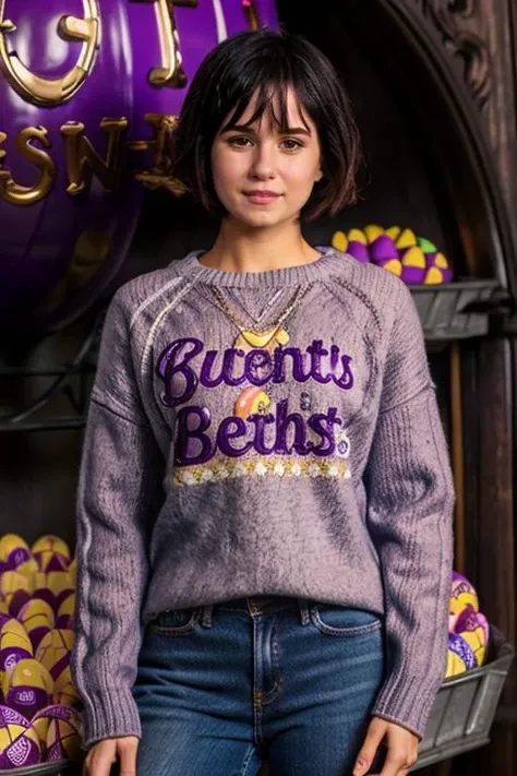 K1873W in a sweet shop, cadbury creme eggs, jumper, jeans <lora:KW3:1> masterpiece, best quality, detailed face , 1girl, realistic, solo,k1873w, short_hair, black_hair