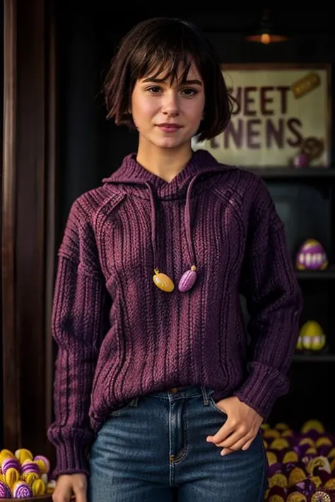 K1873W in a sweet shop, cadbury creme eggs, jumper, jeans <lora:KW3:1> masterpiece, best quality, detailed face , 1girl, realistic, solo,k1873w, short_hair, black_hair