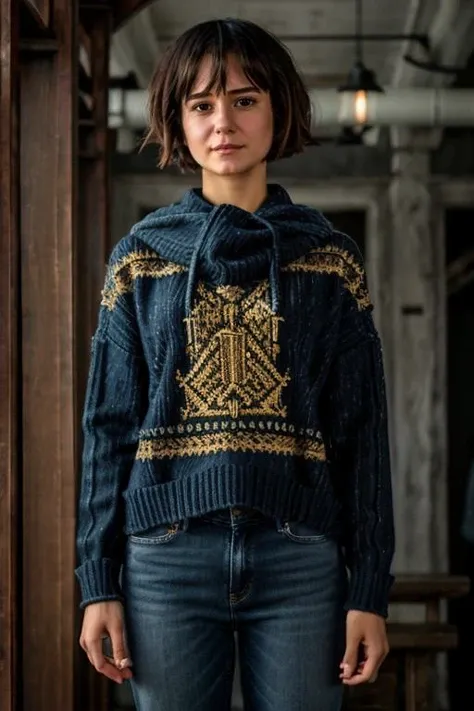 K1873W in babylon, jumper, jeans <lora:KW3:1> masterpiece, best quality, detailed face , 1girl, realistic, solo,k1873w, short_hair, black_hair