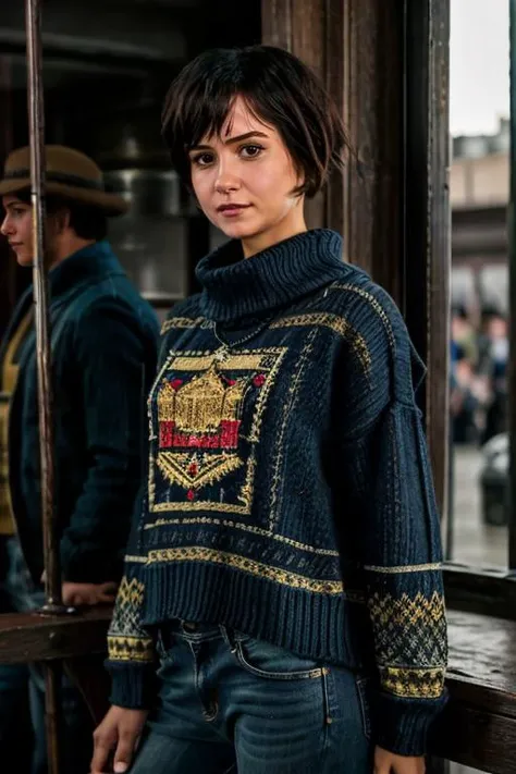 K1873W in babylon, jumper, jeans <lora:KW3:1> masterpiece, best quality, detailed face , 1girl, realistic, solo,k1873w, short_hair, black_hair