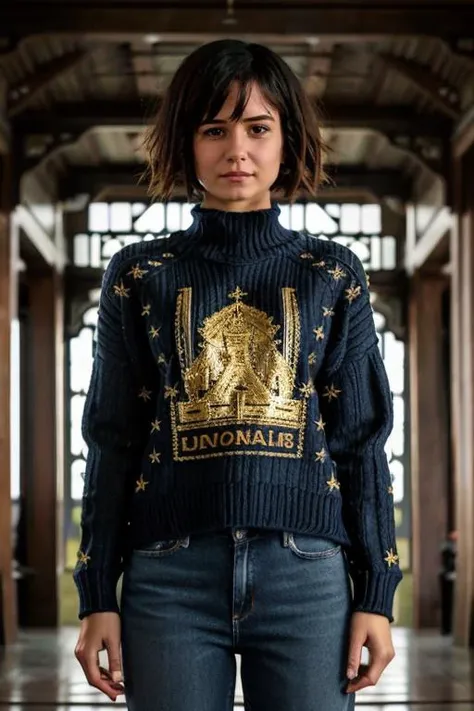 K1873W in babylon, jumper, jeans <lora:KW3:1> masterpiece, best quality, detailed face , 1girl, realistic, solo,k1873w, short_hair, black_hair