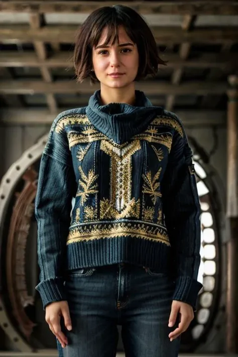 K1873W in babylon, jumper, jeans <lora:KW3:1> masterpiece, best quality, detailed face , 1girl, realistic, solo,k1873w, short_hair, black_hair