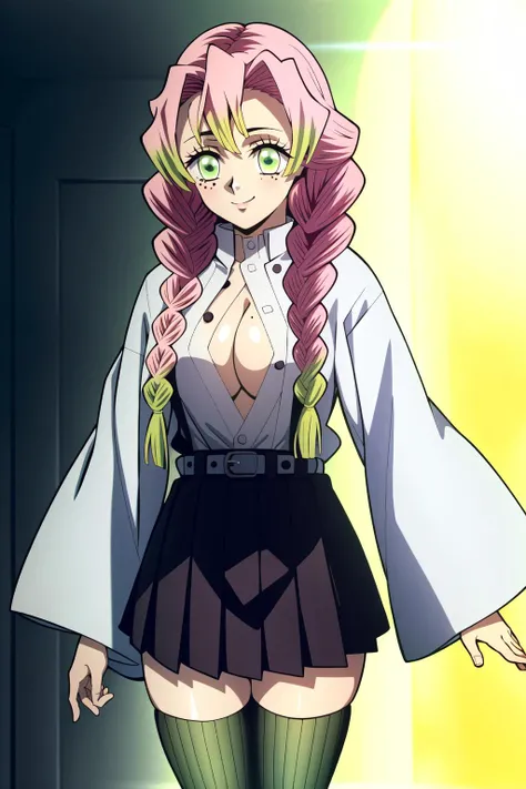1girl, alone, mitsuri kanroji (demon slayer), big breasts, medium waist, wide hips, medium thighs, round butt, full body, sexy body, seductive posture, hands on waist, (shirt without pants), green shirt, shirt slim, cleavage, pink underwear, bare legs, bangs, green hair, faded hair, alone, standing, black, multicolored hair, breasts, smile, green eyes, twin braids, pink hair, long hair, portrait, looking into the viewer, looking back, from behind, focus on ass, pov (from below) moonlight landscape, perfect eyes, sex, perfect anatomy, perfect hands
