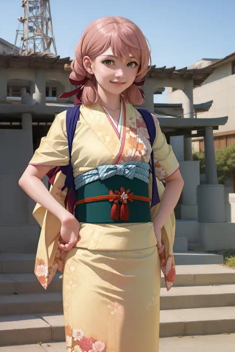 (masterpiece, best quality:1.2), <lyco:kancolle_akashi-17:1.0>, cowboy shot, solo, 1girl, akashiny, smile, looking at viewer, own hands together, japanese clothes, kimono, tress ribbon, sash, obi
