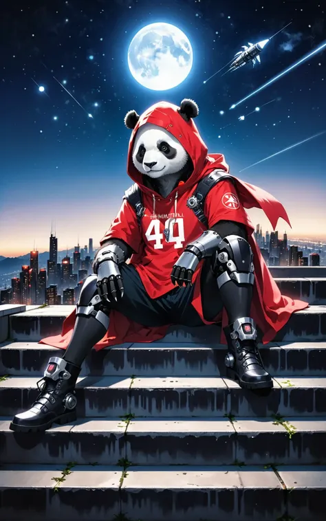 cinematic photo anthro humanoid male giant panda sitting on stairs on rooftop, has mechanical arms, mechanical hands, mechanical legs and mechanical boots, wears short sleeves red hoodie saying "404", cloak, oversized clothes, looking afar, city below, backlighting, night, moonlight, starry sky, shooting star, constellation . 35mm photograph, film, bokeh, professional, 4k, highly detailed