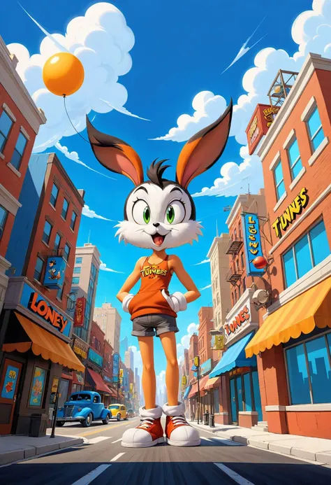 Cartoonish vibe, emphasize exaggerated features, bold colors, playful expressions, add atmospheric detail puffy clouds, high noon brightness at bustling cityscape, conclude with a Saturday morning cartoon flair, in the style of Looney Tunes.