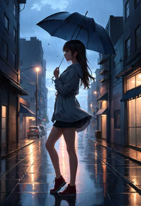 full_body, 1girl,18yo side_light,  soft rain, dusk ambiance, emphasize silhouette, casual pose, gentle breeze, add atmospheric detail  raindrops, dusk light at urban skyline, conclude with a romantic novel vibe, in style of Nicholas Sparks.