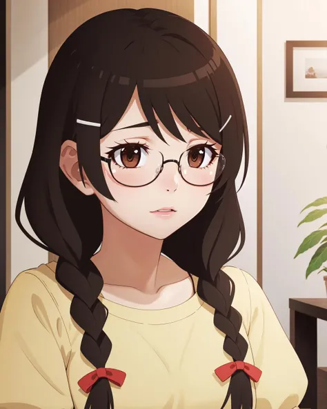 (best quality), highres, <lora:add_detail:-0.6>,<lora:monogatariF:0.8> , Tsubasa Hanekawa, 1girl, solo, long_hair, black_hair, hair_ornamen, brown_eyes, braid, glasses, hairclip, twin_braids