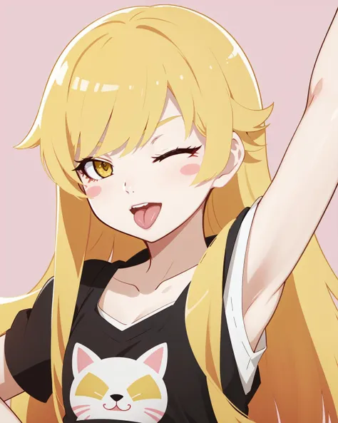 (best quality), highres, <lora:add_detail:-0.6>,<lora:monogatariF:0.8> , Shinobu Oshino, 1girl, solo, long_hair, blonde_hair, yellow_eyes, blush_stickers, one eye closed, tongue out,