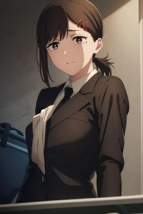 kobenihigashiyama, <lora:kobeni higashiyama s1-lora-nochekaiser:1>,
kobeni higashiyama, black hair, hair ornament, hairclip, mole, mole under eye, ponytail, short hair, (brown eyes:1.5),
BREAK black necktie, black pants, business suit, formal, long sleeves, necktie, pants, suit,
BREAK indoors, office,
BREAK looking at viewer,
BREAK <lyco:GoodHands-beta2:1>, (masterpiece:1.2), best quality, high resolution, unity 8k wallpaper, (illustration:0.8), (beautiful detailed eyes:1.6), extremely detailed face, perfect lighting, extremely detailed CG, (perfect hands, perfect anatomy),