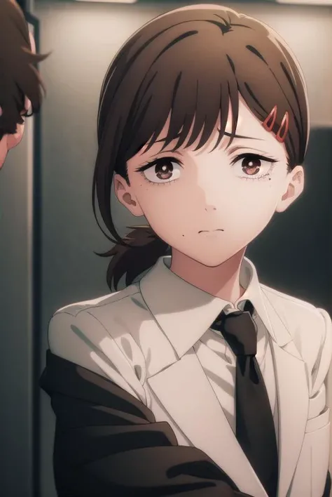 kobenihigashiyama, <lora:kobeni higashiyama s1-lora-nochekaiser:1>,
kobeni higashiyama, black hair, hair ornament, hairclip, mole, mole under eye, ponytail, short hair, (brown eyes:1.5),
BREAK black necktie, black pants, business suit, formal, long sleeves, necktie, pants, suit, 
BREAK indoors, office,
BREAK looking at viewer, (cowboy shot:1.5),
BREAK <lyco:GoodHands-beta2:1>, (masterpiece:1.2), best quality, high resolution, unity 8k wallpaper, (illustration:0.8), (beautiful detailed eyes:1.6), extremely detailed face, perfect lighting, extremely detailed CG, (perfect hands, perfect ),