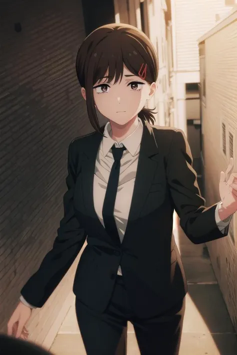 kobenihigashiyama, <lora:kobeni higashiyama s1-lora-nochekaiser:1>,
kobeni higashiyama, black hair, hair ornament, hairclip, mole, mole under eye, ponytail, short hair, (brown eyes:1.5),
BREAK black necktie, black pants, business suit, formal, long sleeves, necktie, pants, suit, 
BREAK indoors, office,
BREAK looking at viewer,
BREAK <lyco:GoodHands-beta2:1>, (masterpiece:1.2), best quality, high resolution, unity 8k wallpaper, (illustration:0.8), (beautiful detailed eyes:1.6), extremely detailed face, perfect lighting, extremely detailed CG, (perfect hands, perfect anatomy),