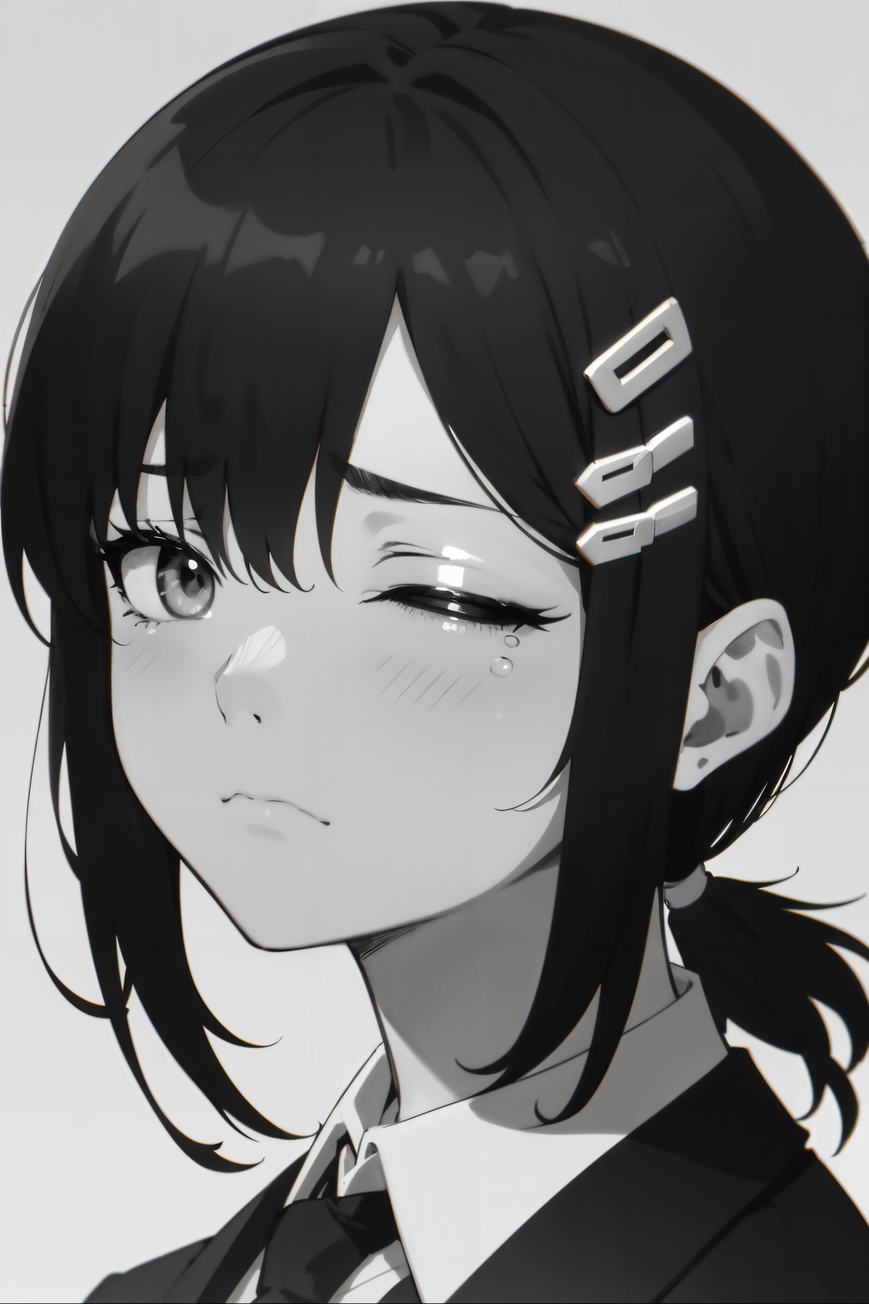 Anime girl with black hair and a tie staring at something - SeaArt AI