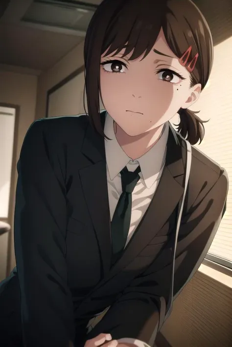 kobenihigashiyama, <lora:kobeni higashiyama s1-lora-nochekaiser:1>,
kobeni higashiyama, black hair, hair ornament, hairclip, mole, mole under eye, ponytail, short hair, (brown eyes:1.5),
BREAK black necktie, black pants, business suit, formal, long sleeves, necktie, pants, suit, 
BREAK indoors, office,
BREAK looking at viewer,
BREAK <lyco:GoodHands-beta2:1>, (masterpiece:1.2), best quality, high resolution, unity 8k wallpaper, (illustration:0.8), (beautiful detailed eyes:1.6), extremely detailed face, perfect lighting, extremely detailed CG, (perfect hands, perfect anatomy),