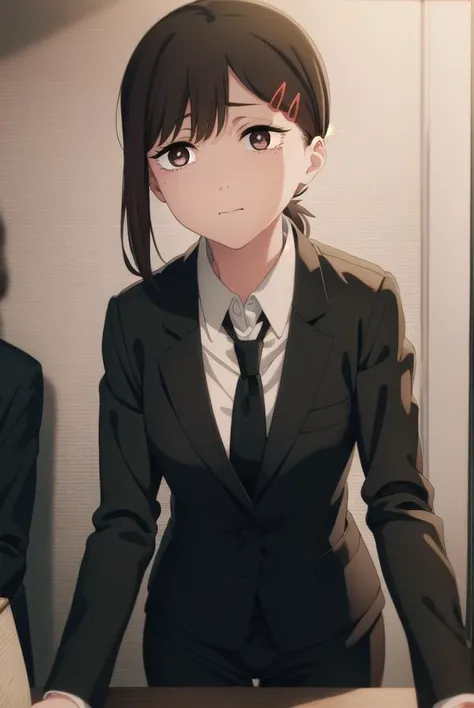 kobenihigashiyama, <lora:kobeni higashiyama s1-lora-nochekaiser:1>,
kobeni higashiyama, black hair, hair ornament, hairclip, mole, mole under eye, ponytail, short hair, (brown eyes:1.5),
BREAK black necktie, black pants, business suit, formal, long sleeves, necktie, pants, suit, 
BREAK indoors, office,
BREAK looking at viewer,
BREAK <lyco:GoodHands-beta2:1>, (masterpiece:1.2), best quality, high resolution, unity 8k wallpaper, (illustration:0.8), (beautiful detailed eyes:1.6), extremely detailed face, perfect lighting, extremely detailed CG, (perfect hands, perfect ),