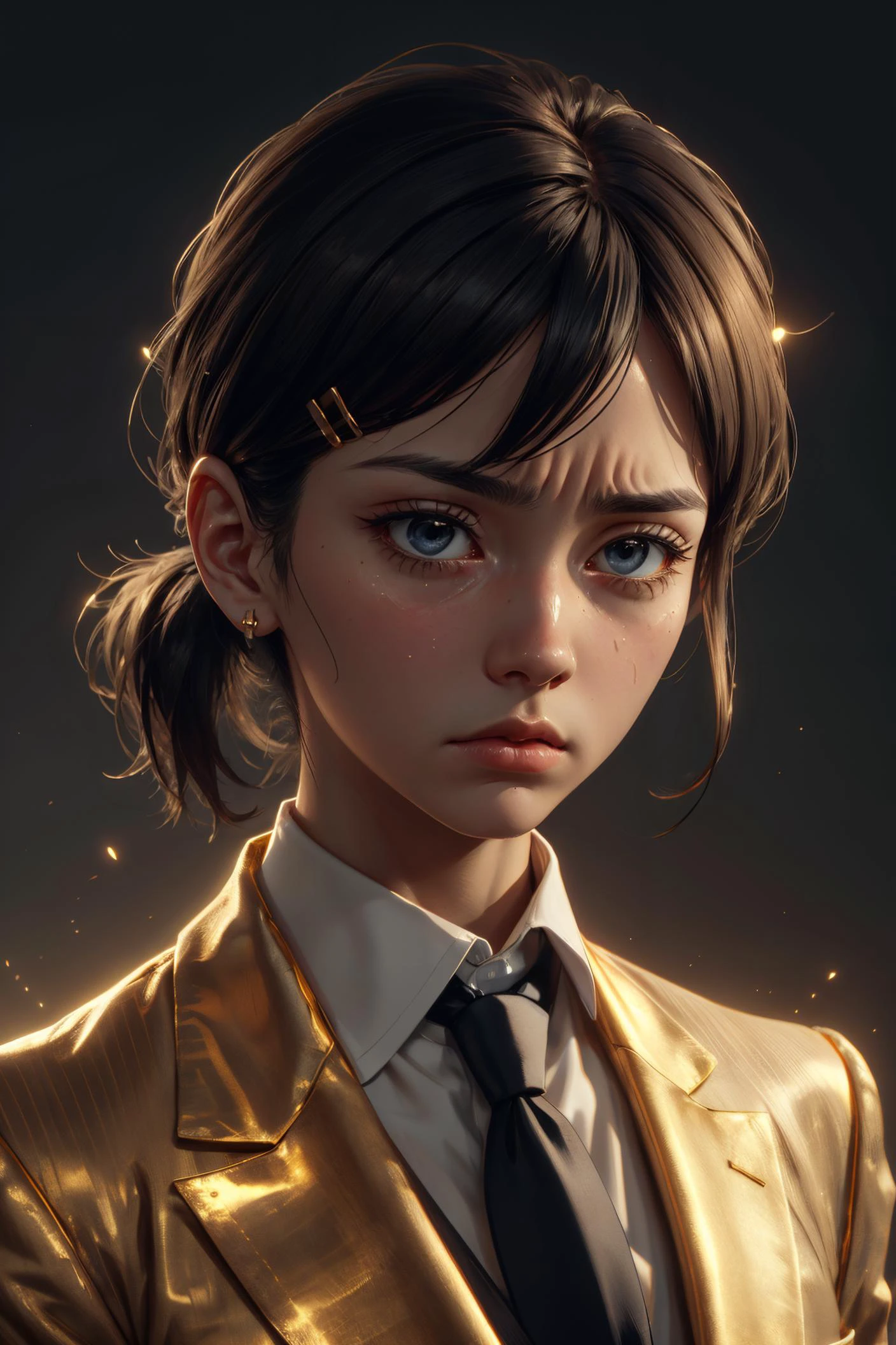 (masterpiece, best quality, detailed), closeup, gloomy, high contrast, backlighting, (gold color scheme:1.2), <lora:MidasMagic-22:0.6> midasmagic, glint, gleam, <lora:kobenihigashiyamatest:0.6> kobeni higashiyama, looking away, BREAK (sad, depressed, (tearful eyes:0.6), empty stare, furrowed eyebrows, desperate:1.2), dropped shoulders, hunched back, BREAK (black hair), hair ornament, hairclip, (mole, mole under eye:0.3), ponytail, short hair, , black necktie, business suit, formal, necktie, suit,