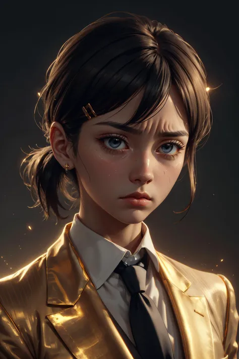(masterpiece, best quality, detailed), closeup, gloomy, high contrast, backlighting, (gold color scheme:1.2), <lora:MidasMagic-22:0.6> midasmagic, glint, gleam, <lora:kobenihigashiyamatest:0.6> kobeni higashiyama, looking away, BREAK (sad, depressed, (tearful eyes:0.6), empty stare, furrowed eyebrows, desperate:1.2), dropped shoulders, hunched back, BREAK (black hair), hair ornament, hairclip, (mole, mole under eye:0.3), ponytail, short hair, , black necktie, business suit, formal, necktie, suit,