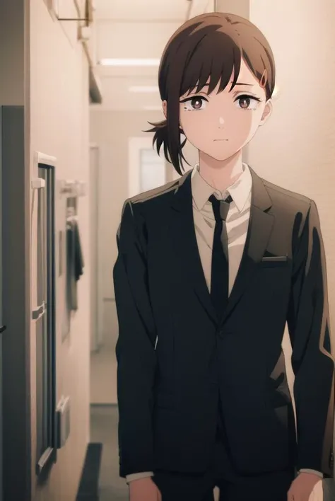 kobenihigashiyama, <lora:kobeni higashiyama s1-lora-nochekaiser:1>,
kobeni higashiyama, black hair, hair ornament, hairclip, mole, mole under eye, ponytail, short hair, (brown eyes:1.5),
BREAK black necktie, black pants, business suit, formal, long sleeves, necktie, pants, suit,
BREAK indoors, office,
BREAK looking at viewer, (cowboy shot:1.5),
BREAK <lyco:GoodHands-beta2:1>, (masterpiece:1.2), best quality, high resolution, unity 8k wallpaper, (illustration:0.8), (beautiful detailed eyes:1.6), extremely detailed face, perfect lighting, extremely detailed CG, (perfect hands, perfect anatomy),