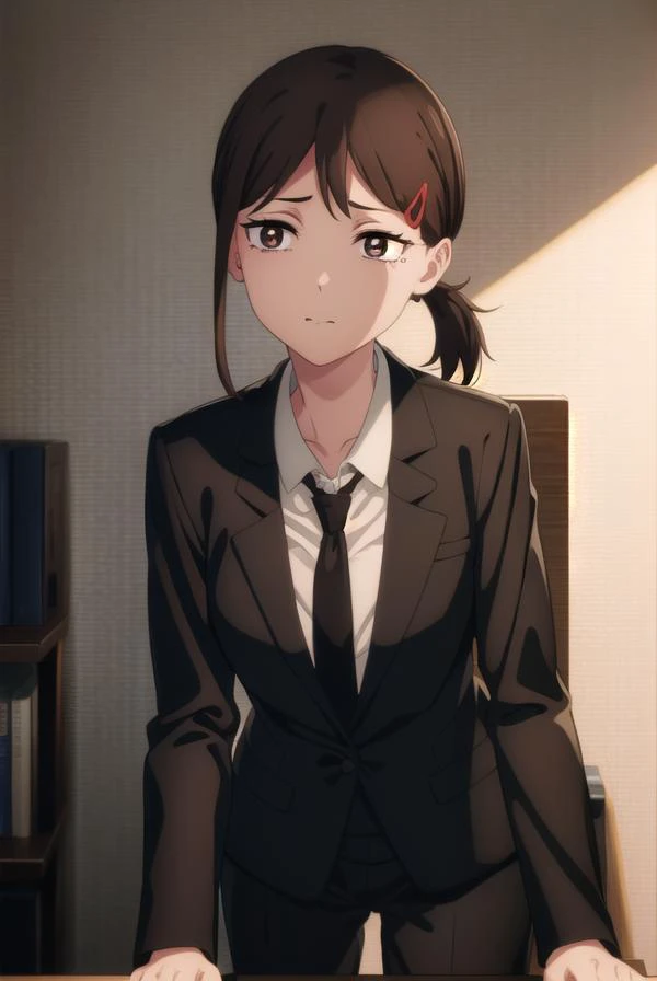 kobenihigashiyama, <lora:kobeni higashiyama s1-lora-nochekaiser:1>,
kobeni higashiyama, black hair, hair ornament, hairclip, mole, mole under eye, ponytail, short hair, (brown eyes:1.5),
BREAK black necktie, black pants, business suit, formal, long sleeves, necktie, pants, suit,
BREAK indoors, office,
BREAK looking at viewer,
BREAK <lyco:GoodHands-beta2:1>, (masterpiece:1.2), best quality, high resolution, unity 8k wallpaper, (illustration:0.8), (beautiful detailed eyes:1.6), extremely detailed face, perfect lighting, extremely detailed CG, (perfect hands, perfect anatomy),