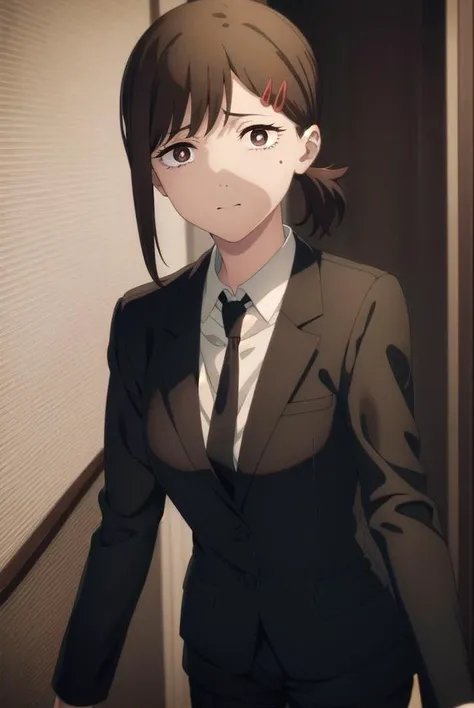 kobenihigashiyama, <lora:kobeni higashiyama s1-lora-nochekaiser:1>,
kobeni higashiyama, black hair, hair ornament, hairclip, mole, mole under eye, ponytail, short hair, (brown eyes:1.5),
BREAK black necktie, black pants, business suit, formal, long sleeves, necktie, pants, suit, 
BREAK indoors, office,
BREAK looking at viewer,
BREAK <lyco:GoodHands-beta2:1>, (masterpiece:1.2), best quality, high resolution, unity 8k wallpaper, (illustration:0.8), (beautiful detailed eyes:1.6), extremely detailed face, perfect lighting, extremely detailed CG, (perfect hands, perfect anatomy),