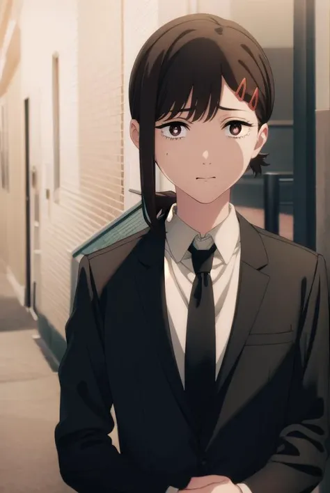 kobenihigashiyama, <lora:kobeni higashiyama s1-lora-nochekaiser:1>,
kobeni higashiyama, black hair, hair ornament, hairclip, mole, mole under eye, ponytail, short hair, (brown eyes:1.5),
BREAK black necktie, black pants, business suit, formal, long sleeves, necktie, pants, suit,
BREAK indoors, office,
BREAK looking at viewer, (cowboy shot:1.5),
BREAK <lyco:GoodHands-beta2:1>, (masterpiece:1.2), best quality, high resolution, unity 8k wallpaper, (illustration:0.8), (beautiful detailed eyes:1.6), extremely detailed face, perfect lighting, extremely detailed CG, (perfect hands, perfect anatomy),