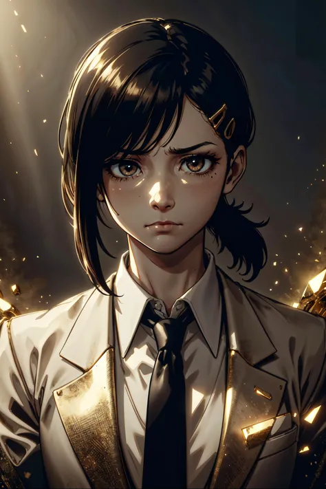 (masterpiece, best quality, detailed), portrait, dutch angle, closeup, gloomy, high contrast, backlighting, (gold color scheme:1.2), <lora:MidasMagic-22:0.7> midasmagic, glint, BREAK <lora:kobenihigashiyamatest:0.6> , kobeni higashiyama, looking away, (( (sad expression:1.2), frown, (eyebags:1.1), dull eyes):1.1), BREAK black hair, hair ornament, hairclip, empty eyes, (mole under eye:0.2), ponytail, short hair, , black necktie, business suit, formal, necktie, suit,