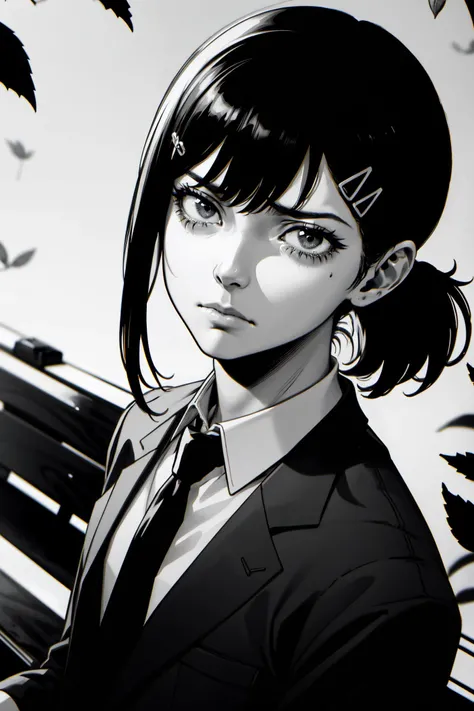 (masterpiece, best quality, detailed), portrait, dutch angle, closeup, (greyscale:1.4), park, sitting on a bench, <lora:kobenihigashiyamatest:0.6> , face focus, kobeni higashiyama, (sad expression, depression, frown, eyebags), tearing eyes, black hair, hair ornament, hairclip, worn out face, empty eyes, puffy eyes, tired eyes, (mole under eye:0.2), ponytail, short hair,, black necktie, business suit, formal, necktie, suit, oak, leaves, windy,