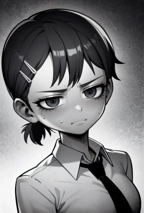 (masterpiece, best quality, detailed), (anime), portrait, dutch angle, closeup, (greyscale:1.2), <lora:kobenihigashiyamatest:0.6> , kobeni higashiyama, half-closed eyes, looking to the side, mouth turned down, (sad expression, depression, frown, (eyebags:1.1), dull eyes), (tears:0.6), BREAK black hair, hair ornament, hairclip, empty eyes, (mole under eye:0.2), ponytail, short hair,, black necktie, business suit, formal, necktie, suit,