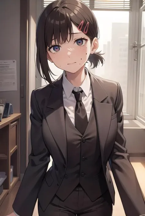 kobenihigashiyama, <lora:kobenihigashiyamatest:1>,
kobeni higashiyama, black hair, hair ornament, hairclip, mole, mole under eye, ponytail, short hair, (brown eyes:1.5), (small breast:1.2),
BREAK black necktie, black pants, business suit, formal, long sleeves, necktie, pants, suit,
BREAK looking at viewer,
BREAK indoors, classroom,
BREAK <lora:GoodHands-vanilla:1>, (masterpiece:1.2), best quality, high resolution, unity 8k wallpaper, (illustration:0.8), (beautiful detailed eyes:1.6), extremely detailed face, perfect lighting, extremely detailed CG, (perfect hands, perfect anatomy),