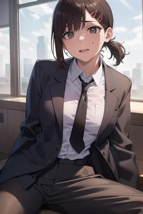 kobenihigashiyama, <lora:kobenihigashiyamatest:1>,
kobeni higashiyama, black hair, hair ornament, hairclip, mole, mole under eye, ponytail, short hair, (brown eyes:1.5), (small breast:1.2),
BREAK black necktie, black pants, business suit, formal, long sleeves, necktie, pants, suit,
BREAK looking at viewer,
BREAK indoors, classroom,
BREAK <lora:GoodHands-vanilla:1>, (masterpiece:1.2), best quality, high resolution, unity 8k wallpaper, (illustration:0.8), (beautiful detailed eyes:1.6), extremely detailed face, perfect lighting, extremely detailed CG, (perfect hands, perfect anatomy),