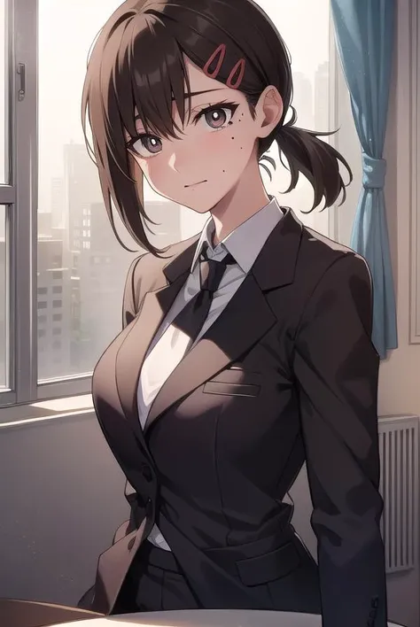kobenihigashiyama, <lora:kobenihigashiyamatest:1>,
kobeni higashiyama, black hair, hair ornament, hairclip, mole, mole under eye, ponytail, short hair, (brown eyes:1.5),
BREAK black necktie, black pants, business suit, formal, long sleeves, necktie, pants, suit,
BREAK looking at viewer,
BREAK indoors, classroom,
BREAK <lora:GoodHands-vanilla:1>, (masterpiece:1.2), best quality, high resolution, unity 8k wallpaper, (illustration:0.8), (beautiful detailed eyes:1.6), extremely detailed face, perfect lighting, extremely detailed CG, (perfect hands, perfect anatomy),