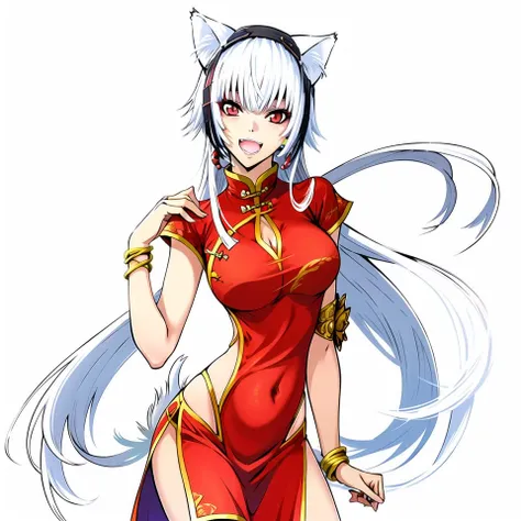1girl,cowboy shot,standing,chinese clothes,hand on hips,open mouth,laughing, cat ears,cleavage,
simple background, white background,
, <lora:aki-000016:0.8>