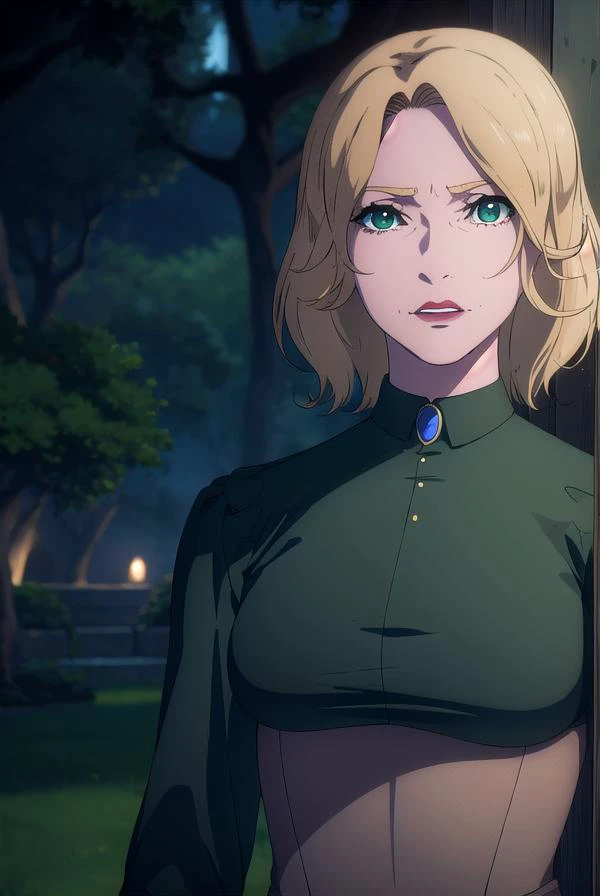 castlevaniatera, <lora:castlevaniatera-lora-nochekaiser:1>,
castlevaniatera, (green eyes:1.5), blonde hair, short hair, parted bangs, lipstick, red lipstick,
BREAK shirt, long sleeves, brooch, clothes around waist, black shirt, collar, corset,
BREAK looking at viewer, upper body, full body,
BREAK outdoors, night, sky,
BREAK <lyco:GoodHands-beta2:1>, (masterpiece:1.2), best quality, high resolution, unity 8k wallpaper, (illustration:0.8), (beautiful detailed eyes:1.6), extremely detailed face, perfect lighting, extremely detailed CG, (perfect hands, perfect anatomy),