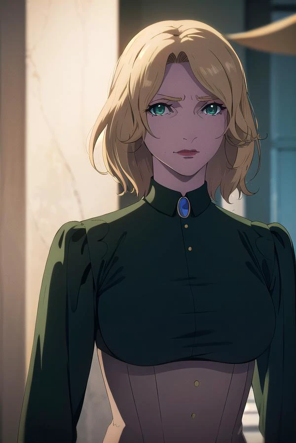 castlevaniatera, <lora:castlevaniatera-lora-nochekaiser:1>,
castlevaniatera, (green eyes:1.5), blonde hair, short hair, parted bangs, lipstick, red lipstick,
BREAK shirt, long sleeves, brooch, clothes around waist, black shirt, collar, corset,
BREAK looking at viewer, upper body, full body,
BREAK outdoors, night, sky,
BREAK <lyco:GoodHands-beta2:1>, (masterpiece:1.2), best quality, high resolution, unity 8k wallpaper, (illustration:0.8), (beautiful detailed eyes:1.6), extremely detailed face, perfect lighting, extremely detailed CG, (perfect hands, perfect anatomy),