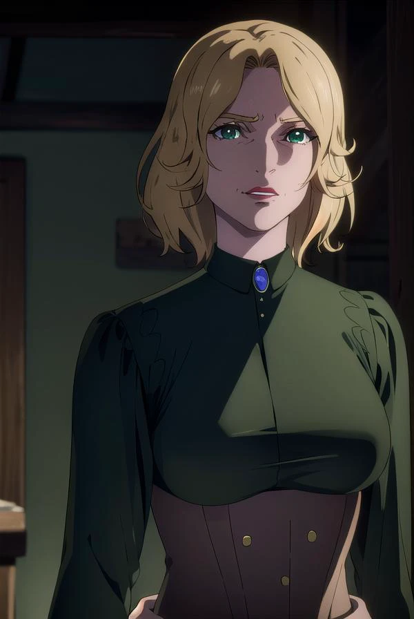 castlevaniatera, <lora:castlevaniatera-lora-nochekaiser:1>,
castlevaniatera, (green eyes:1.5), blonde hair, short hair, parted bangs, lipstick, red lipstick,
BREAK shirt, long sleeves, brooch, clothes around waist, black shirt, collar, corset,
BREAK looking at viewer, upper body, full body,
BREAK outdoors, night, sky,
BREAK <lyco:GoodHands-beta2:1>, (masterpiece:1.2), best quality, high resolution, unity 8k wallpaper, (illustration:0.8), (beautiful detailed eyes:1.6), extremely detailed face, perfect lighting, extremely detailed CG, (perfect hands, perfect anatomy),