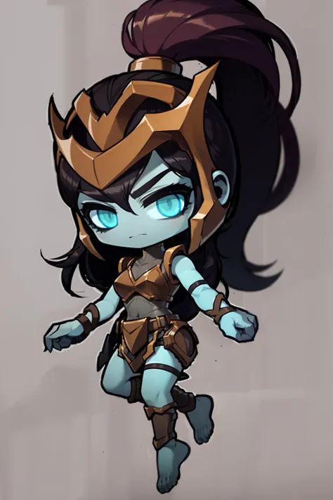masterpiece, best quality, 1girl, kalista, armor, barefoot, blue skin, colored skin, glowing, helmet, black long hair, blue eyes, no pupils, ponytail, solo, simple background, chibi <lora:Kalista:1> <lora:maplestory_LoCon:0.8>
