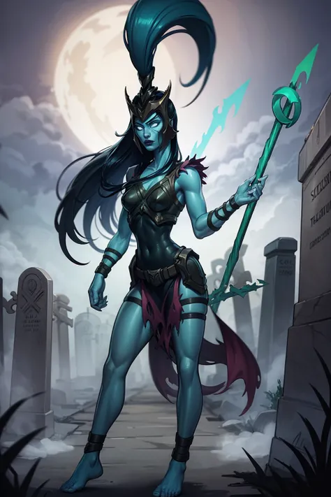 masterpiece, best quality, 1girl, kalista, armor, barefoot, blue skin, colored skin, glowing, helmet, long hair, no pupils, ponytail, standing, solo, spear, night, cemetery background <lora:Kalista:1>