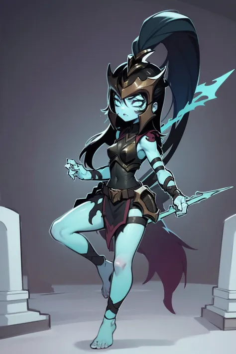 masterpiece, best quality, 1girl, kalista, armor, barefoot, blue skin, colored skin, glowing, helmet, long hair, no pupils, ponytail, solo, spear, night, cemetery background  <lora:Kalista:1>