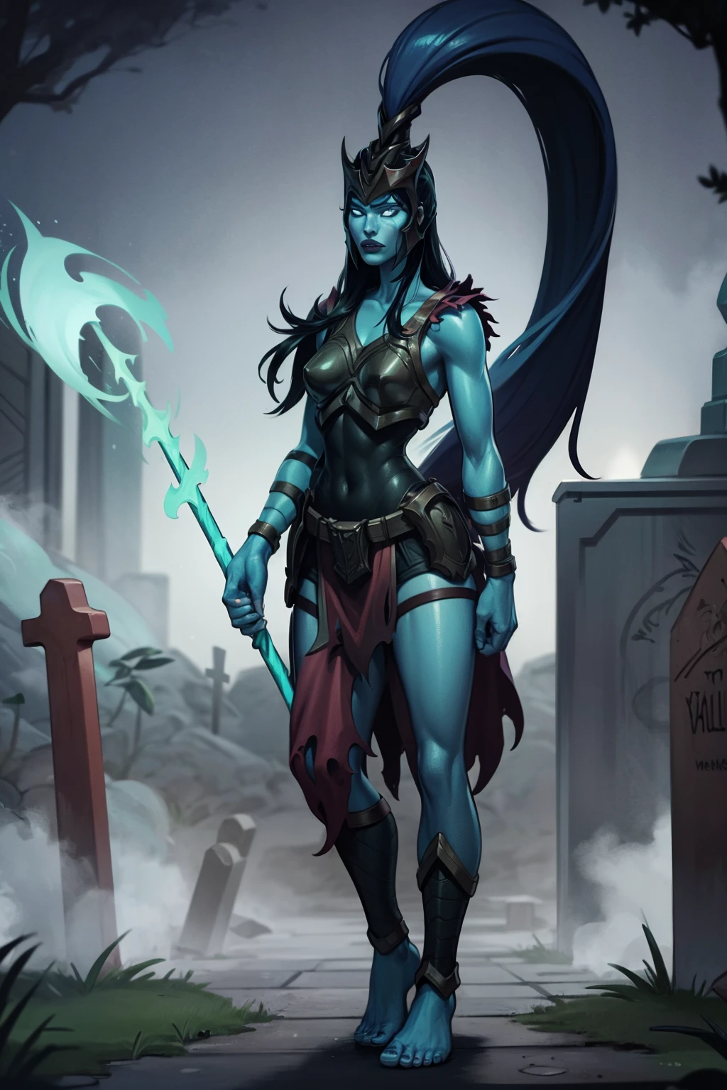 masterpiece, best quality, 1girl, kalista, armor, barefoot, blue skin, colored skin, glowing, helmet, long hair, no pupils, ponytail, standing, solo, spear, night, cemetery background <lora:Kalista:1>
