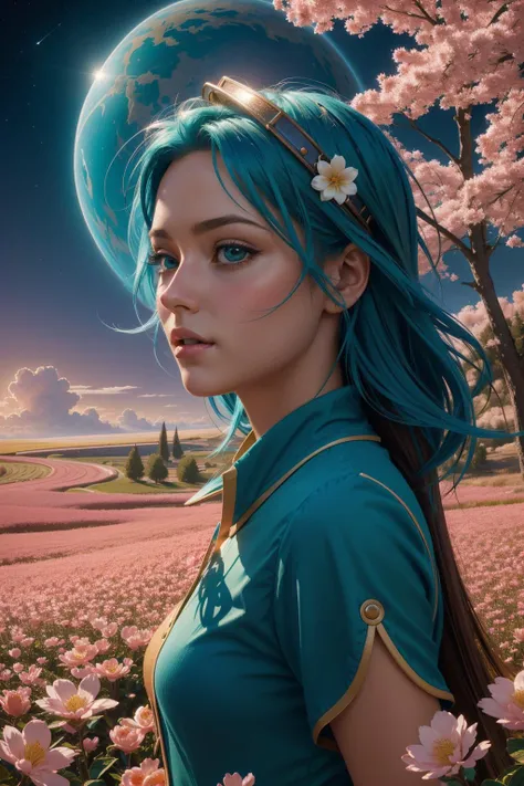 1girl, (fantasy art stylized by Johfra Bosschart:0.9) , professional Digital painting, masterpiece, aerial shot of a ("Zoodiac Drident":1.3) , it is very Lo-Fi and Complex, at Gentle Reservoir, [Unmotivated:Deformed:8] blossoms and flower field, at Nighttime, horizon-centered, Masterpiece, Cozy, Digital Art, Light caustics, Zoom lens, Low Contrast, Teal palette, poster art, highly detailed, extremely detailed CG Unity 8k wallpaper