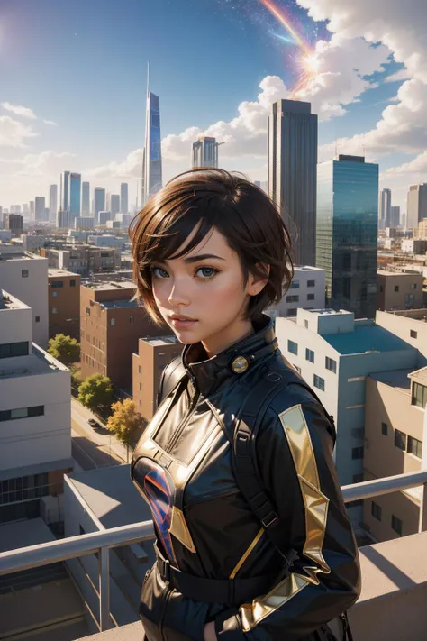1girl, [ (art by M.C. Escher:0.8) : (Kieran Yanner:0.8) :7], angular art, detailed Airbrush painting, masterpiece, Landscape of a Printcore Anime ([Lark|Supernova]:1.3) , otherworldly, Tiny House in background, Sci-fi cityscape and city, at Dawn, tilt shift, Overdetailed art, Energetic, Rule of Thirds, 80s Art, Gel lighting, telephoto lens, Polychromatic, sunbeam, Golden ratio, highly detailed, trending on CGSociety