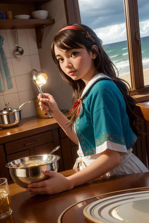 1girl, studio Renderman, intricate background, Sharp focus of a Strange Tasteless ([giant Ant:ladle:5]:1.3) , background is Enticing beach, dense nature and indoors, Stormy weather, horizon-centered, Vivid, Hopeless, Synthetism, side light, F/5, four colors, Ribbons, Embroidery, beautiful, trending on CGSociety, sad