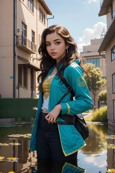 1girl, detailed Renderman, Golden ratio, Street level shot of a highborn [Fairy-Tale|Bold] ("Prismari Campus":1.3) , simple Narrative background, desolate city with Pond water lilies, Bathed in shadows, Very wide view, ultrafine detailed, Disgusting, Rainbowpunk, hair light, Circular polarizer, Polychromatic, sunbeam, fluorescent green and Acid colors splash, absurdres, Highres, (detailed art by William Stout:0.8) , sci-fi, intricate details